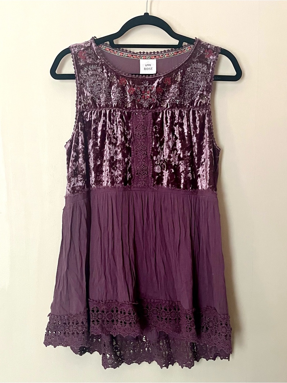 Knox Rose XL boho crushed velvet top hippie festival crochet lace purple